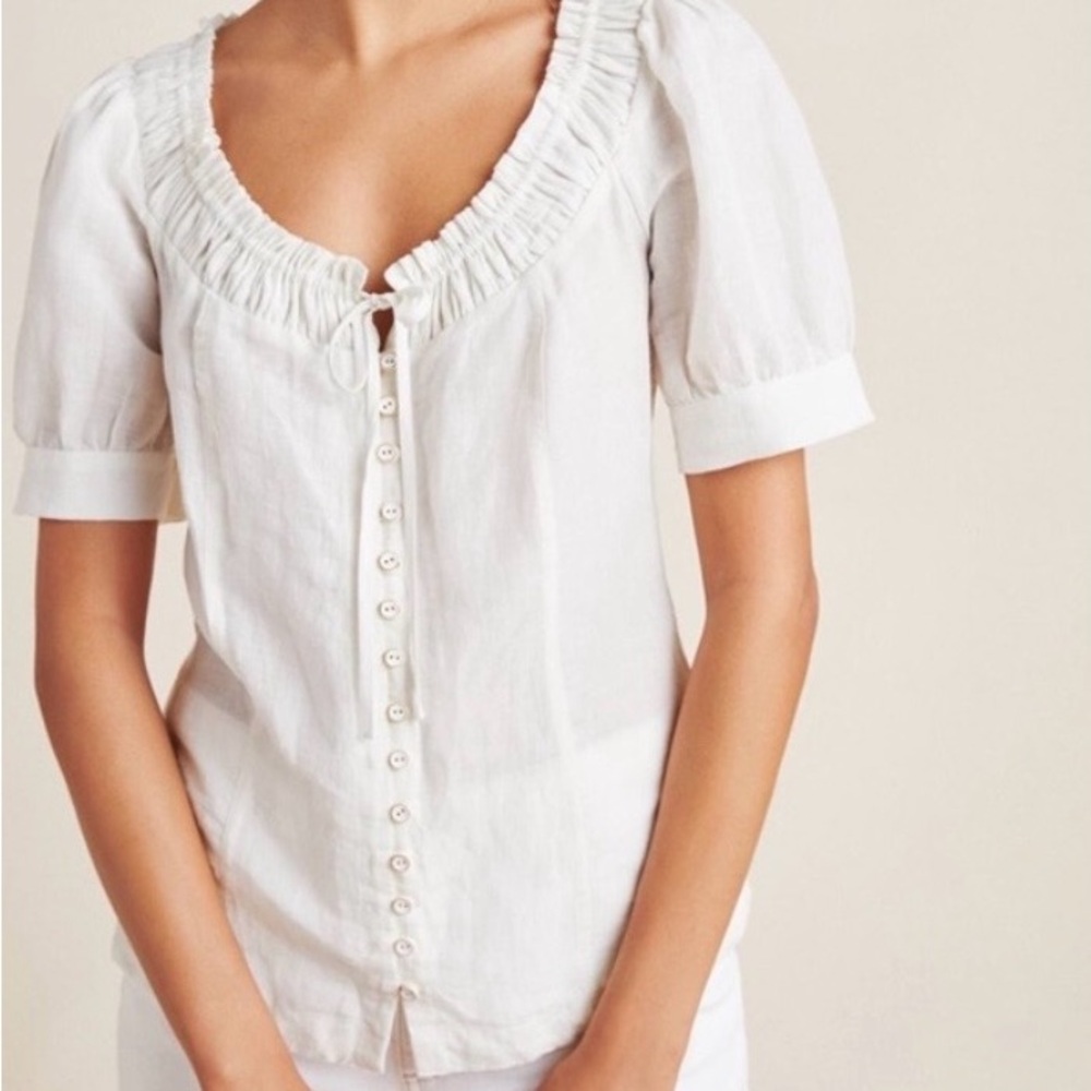 Anthropologie White Ruffled Scoop-Neck Button Front Blouse